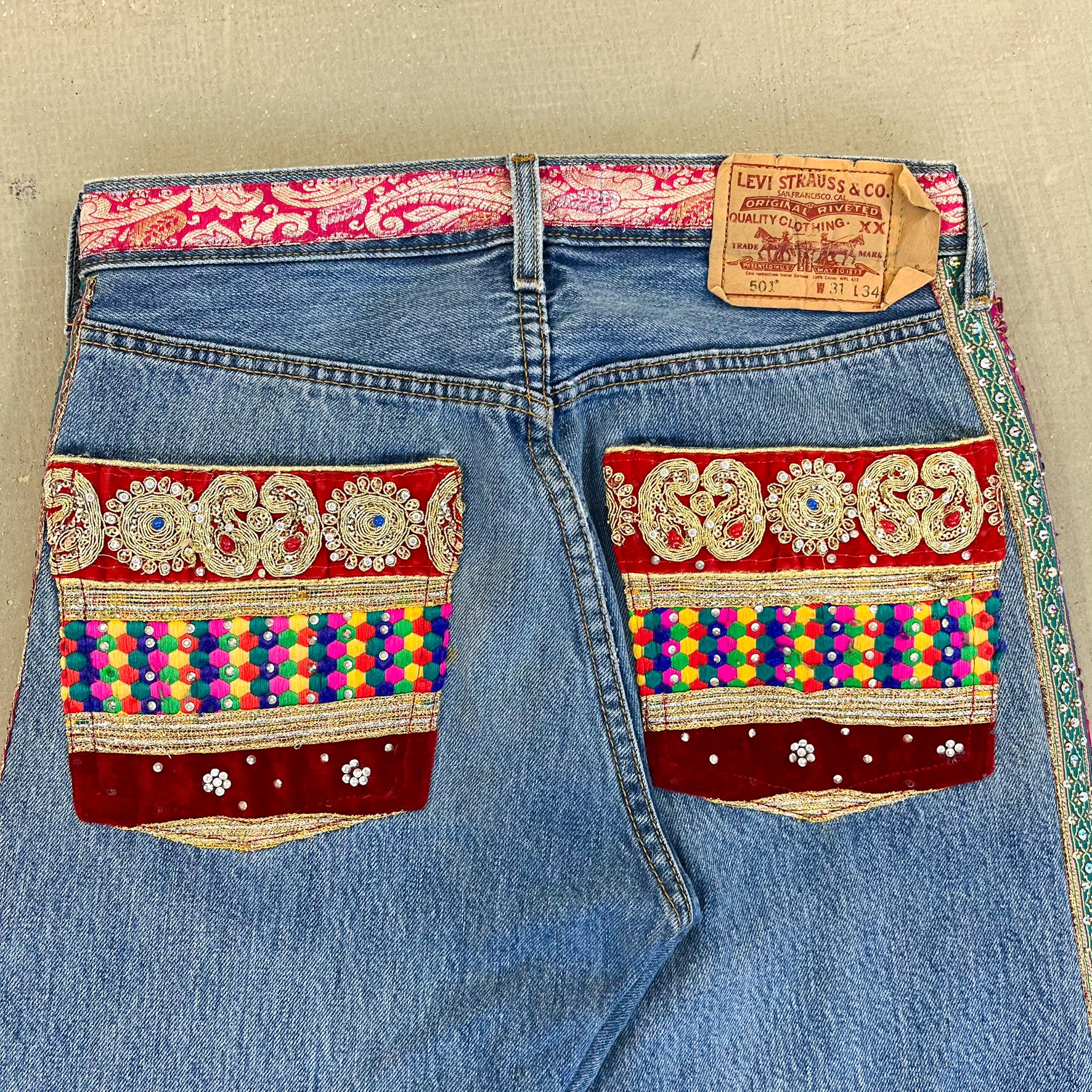 F- HOM Levi's 501 Hand Beaded Reworked Custom Jeans - Image 11