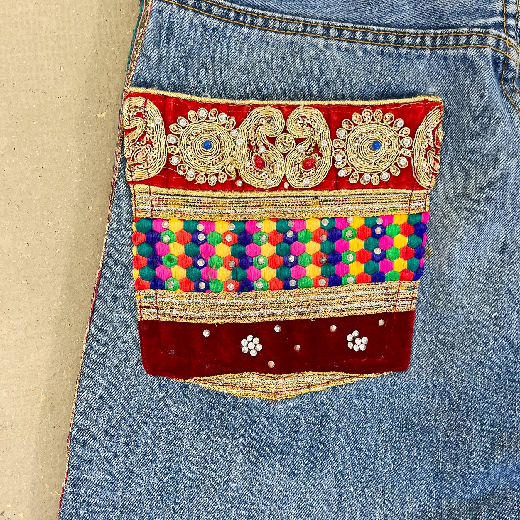 F- HOM Levi's 501 Hand Beaded Reworked Custom Jeans - Image 12