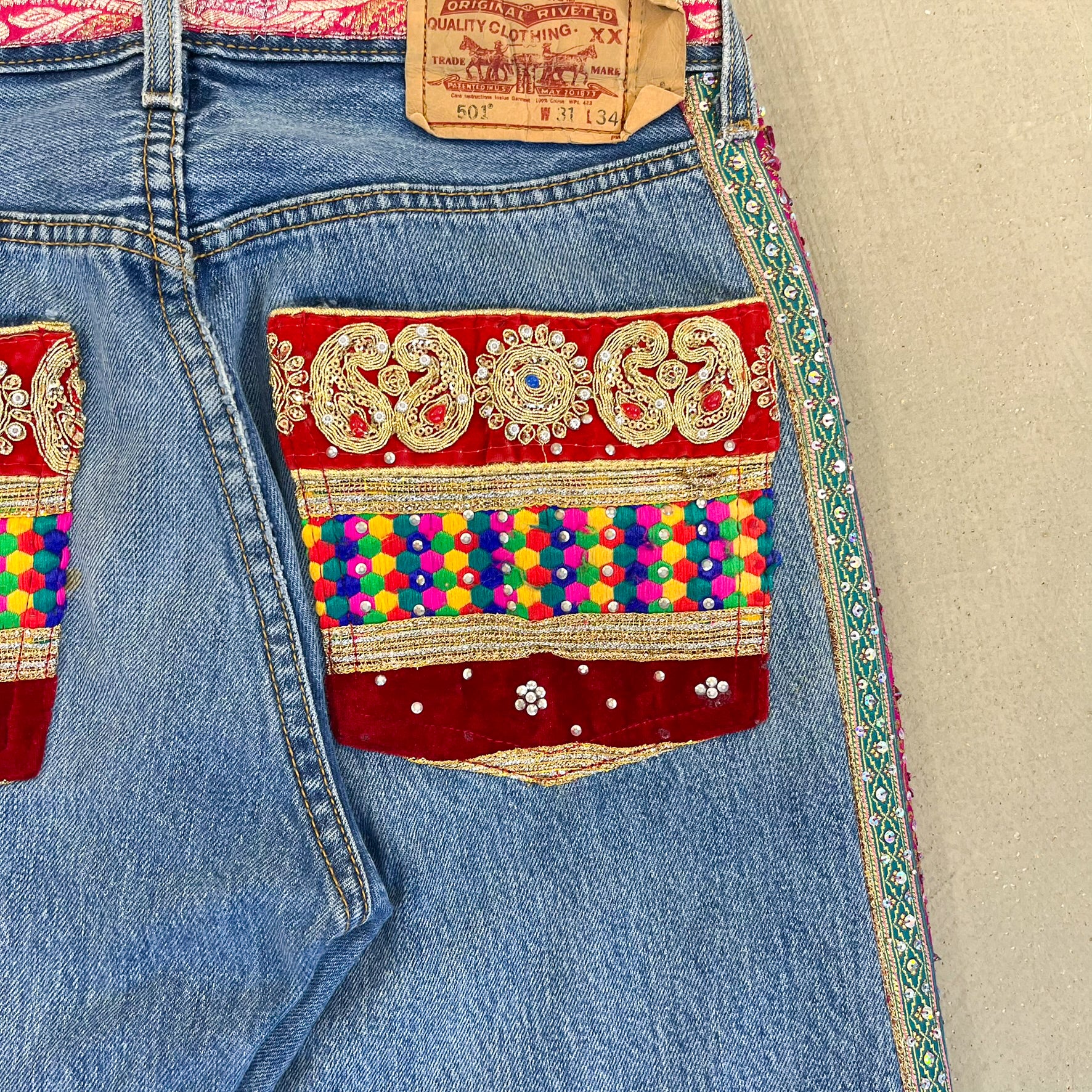 F- HOM Levi's 501 Hand Beaded Reworked Custom Jeans - Image 13