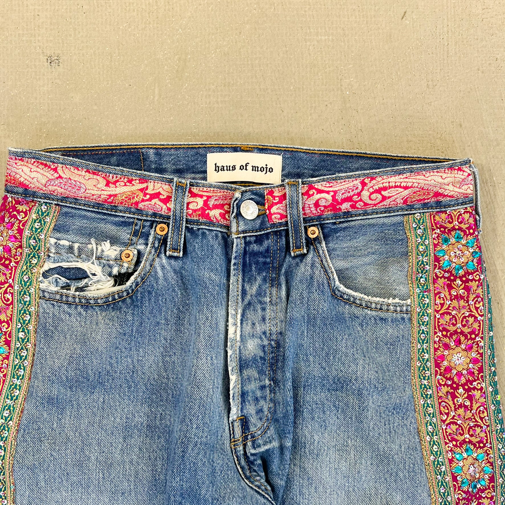 F- HOM Levi's 501 Hand Beaded Reworked Custom Jeans - Image 3