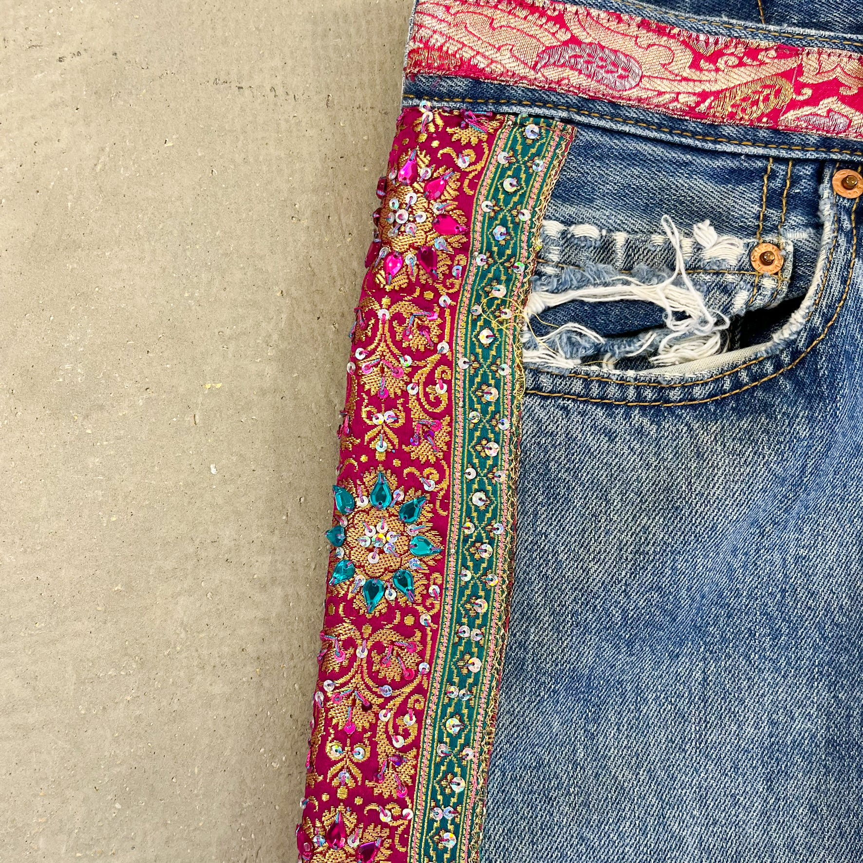 F- HOM Levi's 501 Hand Beaded Reworked Custom Jeans - Image 5