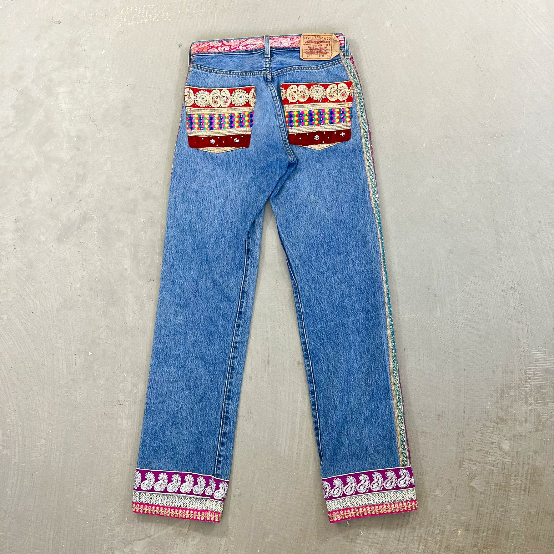 F- HOM Levi's 501 Hand Beaded Reworked Custom Jeans - Image 9