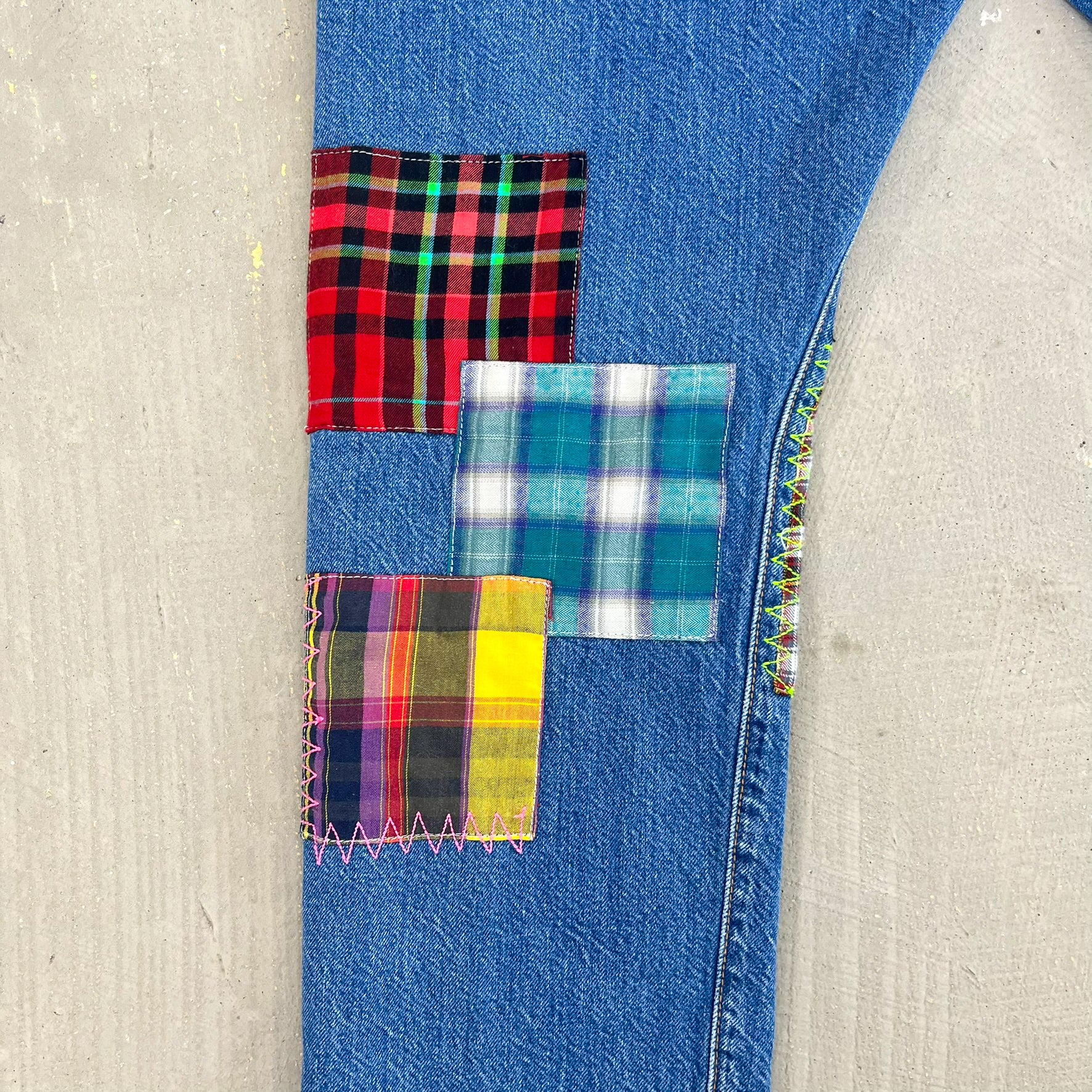 F- HOM Plaid Green/Red Back Pocket Levi's 501 Reworked Custom Jeans - Image 10