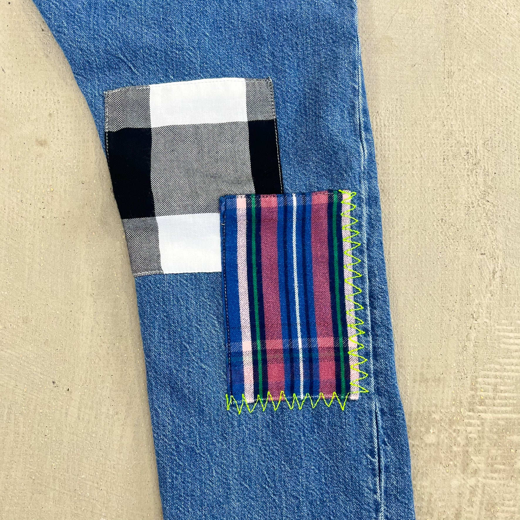 F- HOM Plaid Green/Red Back Pocket Levi's 501 Reworked Custom Jeans - Image 11