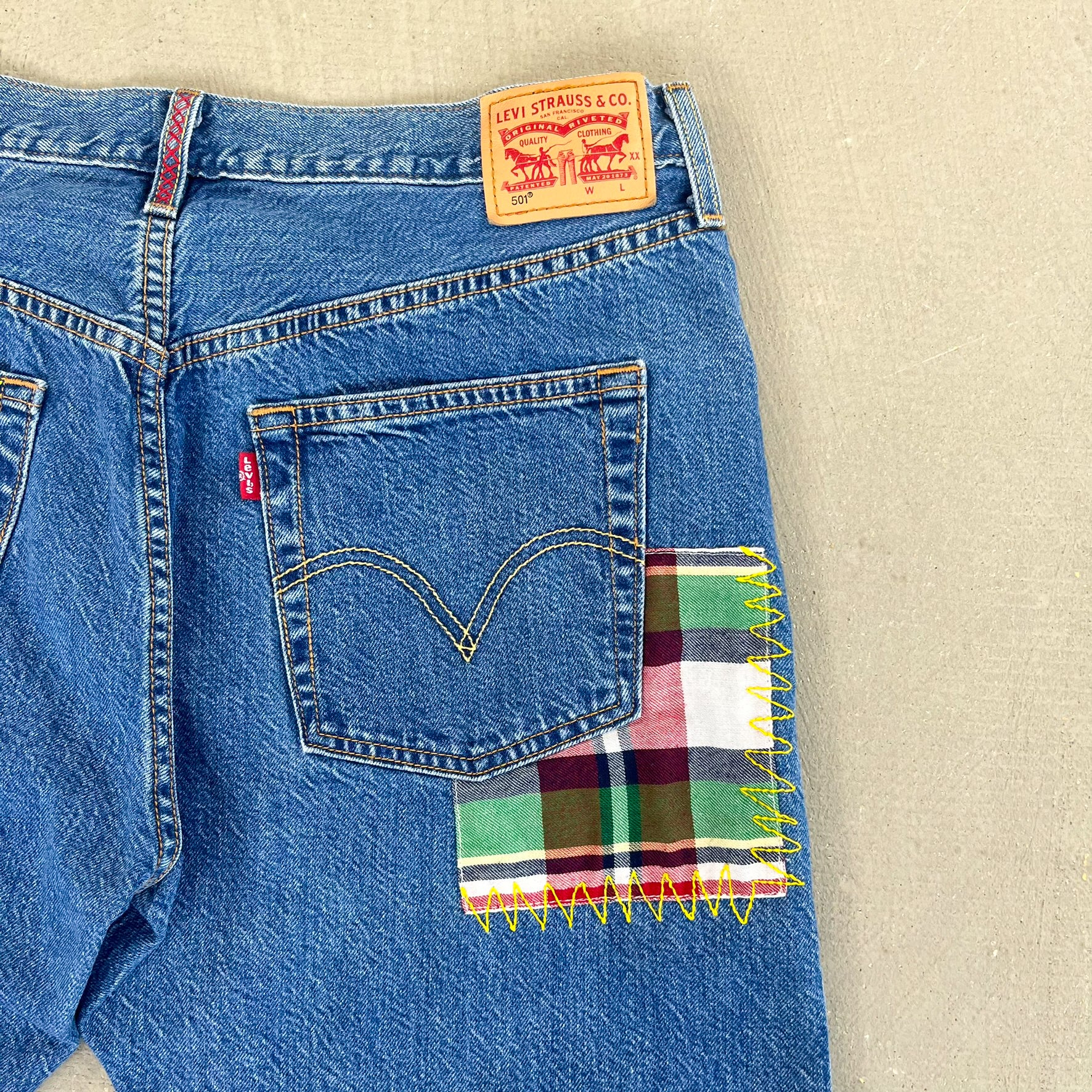 F- HOM Plaid Green/Red Back Pocket Levi's 501 Reworked Custom Jeans - Image 12