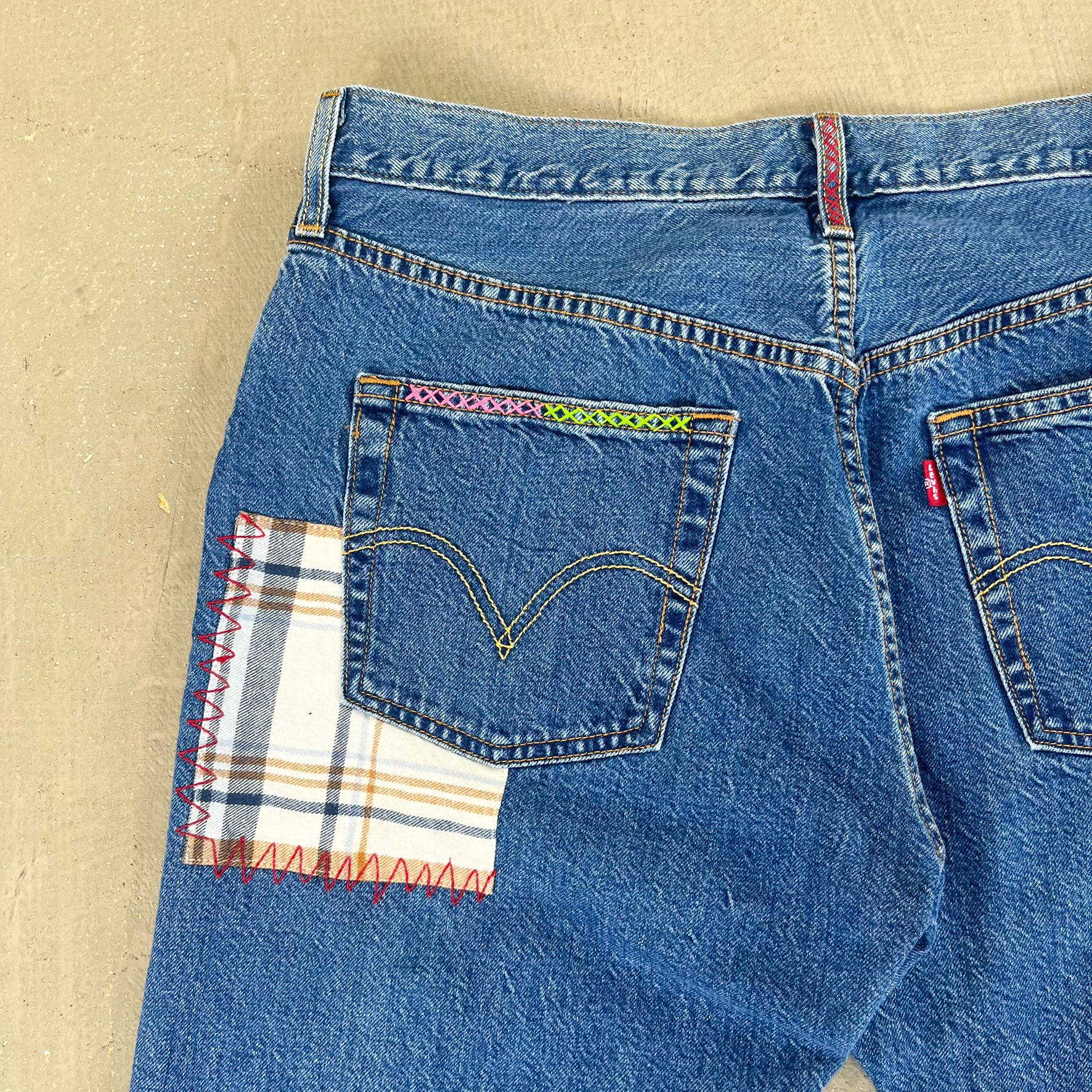 F- HOM Plaid Green/Red Back Pocket Levi's 501 Reworked Custom Jeans - Image 13