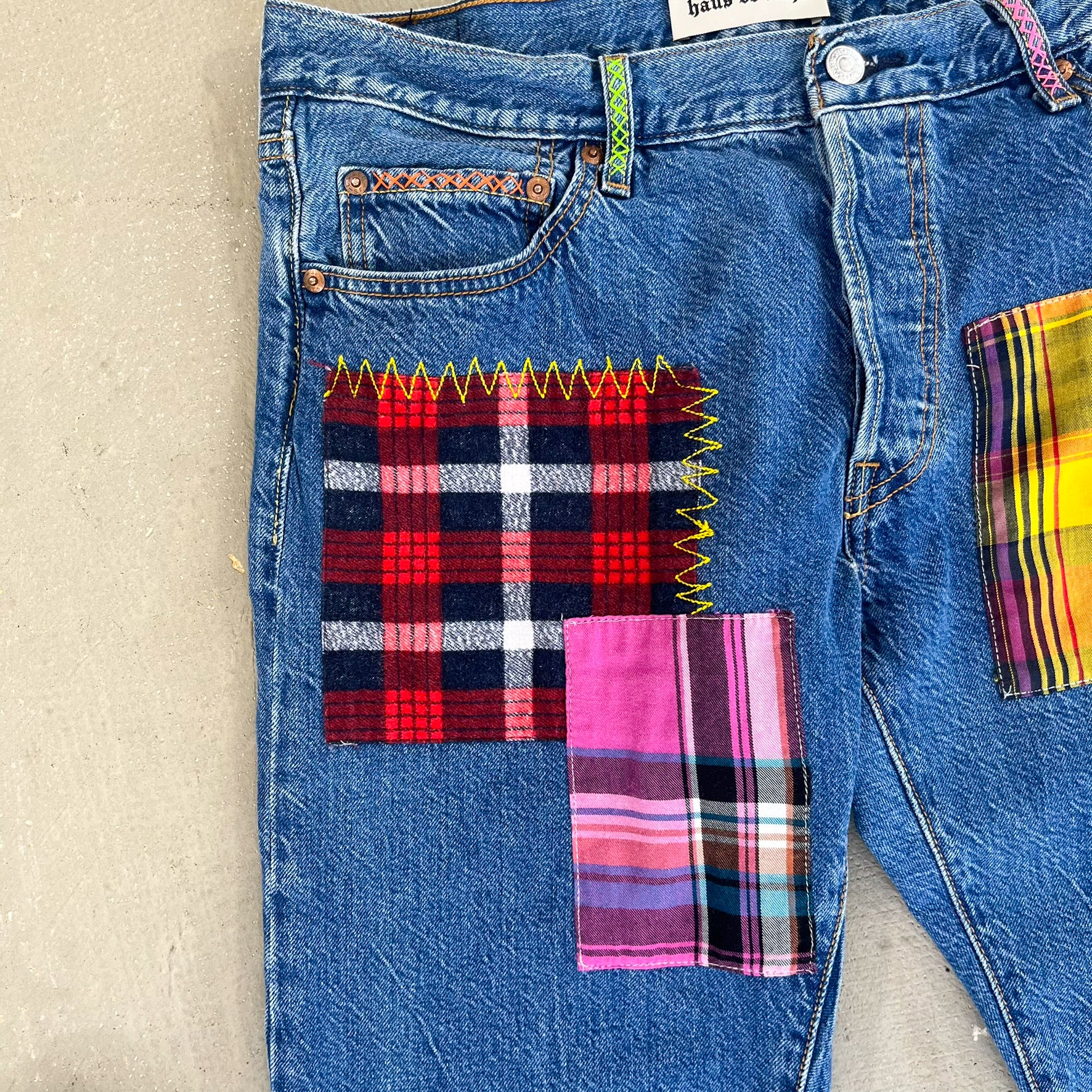 F- HOM Plaid Green/Red Back Pocket Levi's 501 Reworked Custom Jeans - Image 3