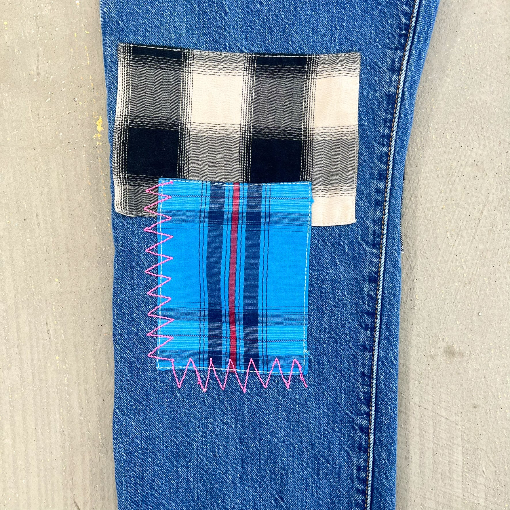 F- HOM Plaid Green/Red Back Pocket Levi's 501 Reworked Custom Jeans - Image 5