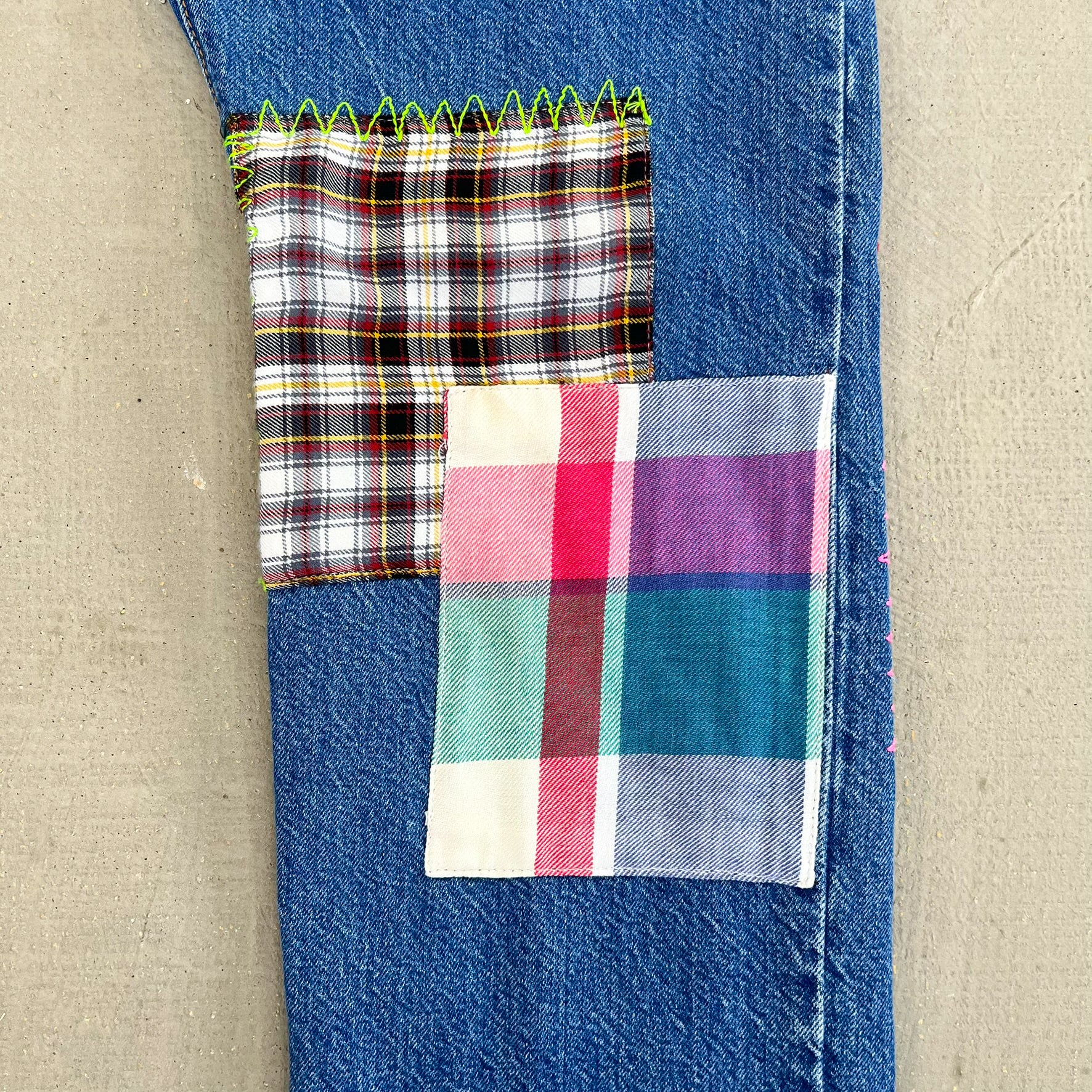 F- HOM Plaid Green/Red Back Pocket Levi's 501 Reworked Custom Jeans - Image 6