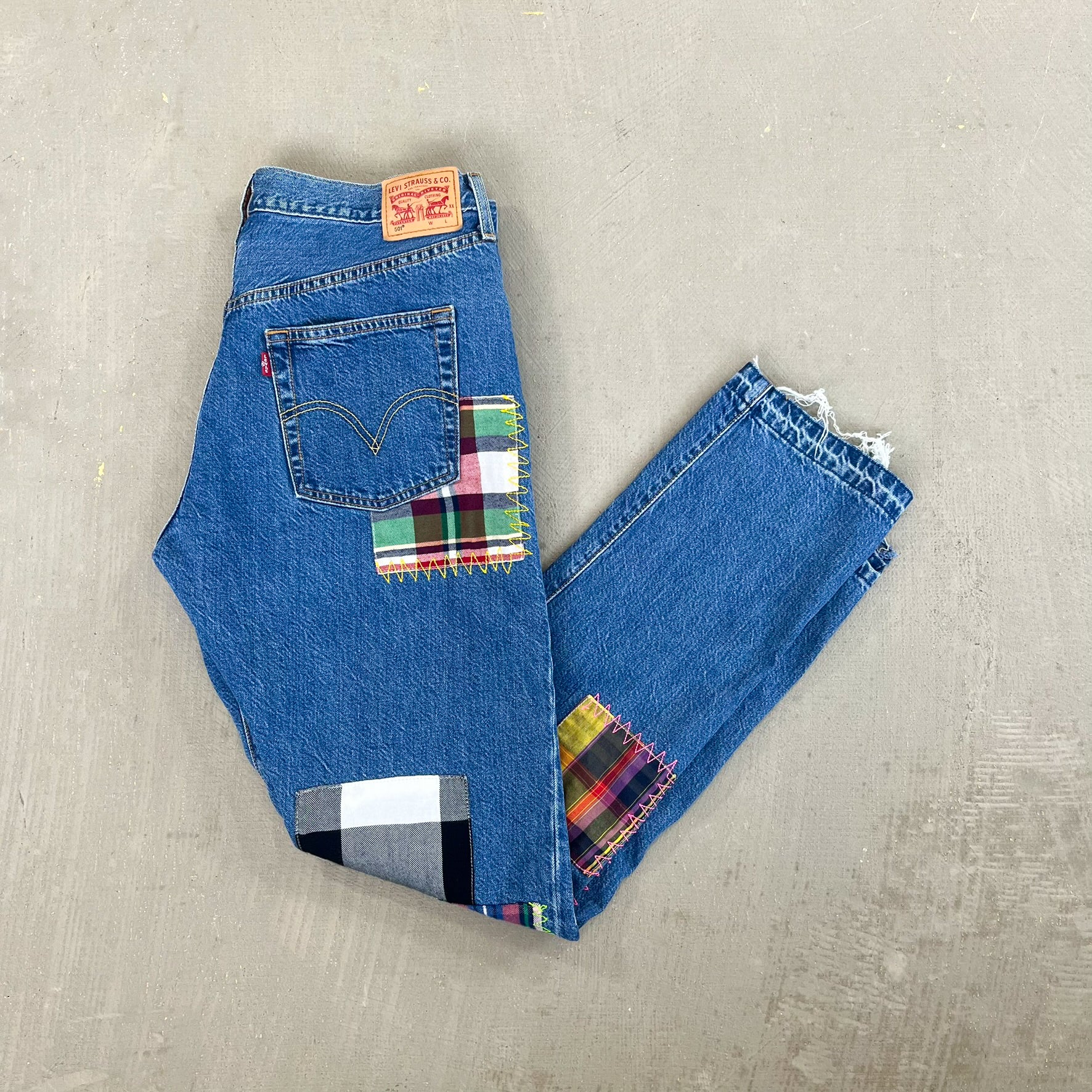F- HOM Plaid Green/Red Back Pocket Levi's 501 Reworked Custom Jeans - Image 7