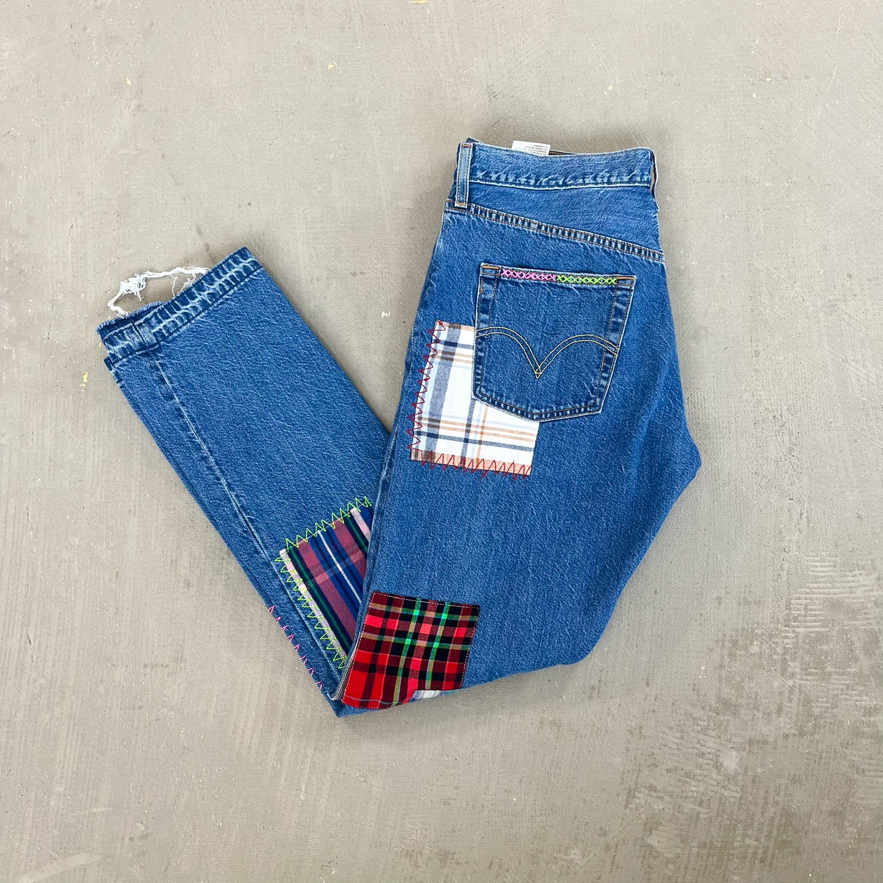 F- HOM Plaid Green/Red Back Pocket Levi's 501 Reworked Custom Jeans - Image 8