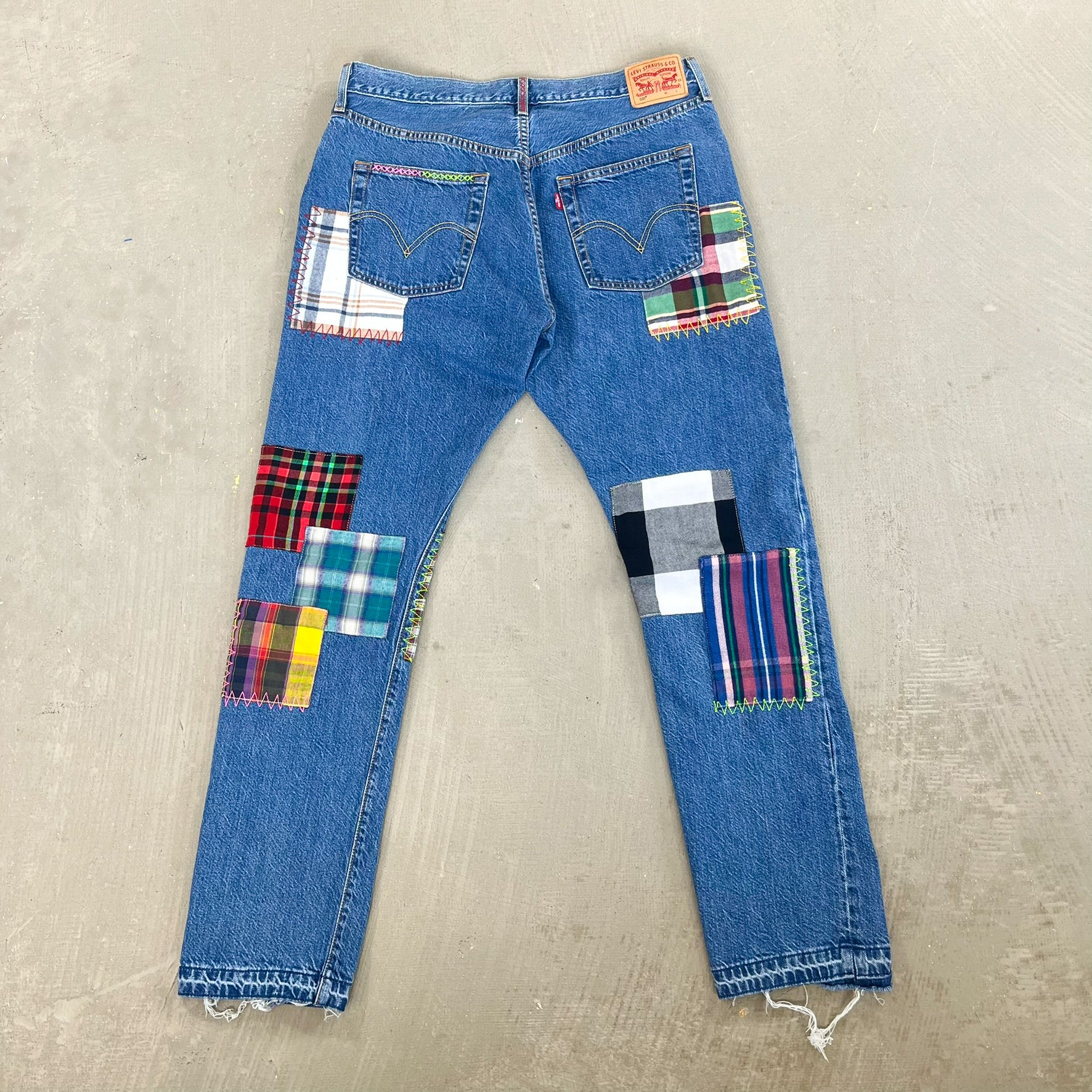 F- HOM Plaid Green/Red Back Pocket Levi's 501 Reworked Custom Jeans - Image 9