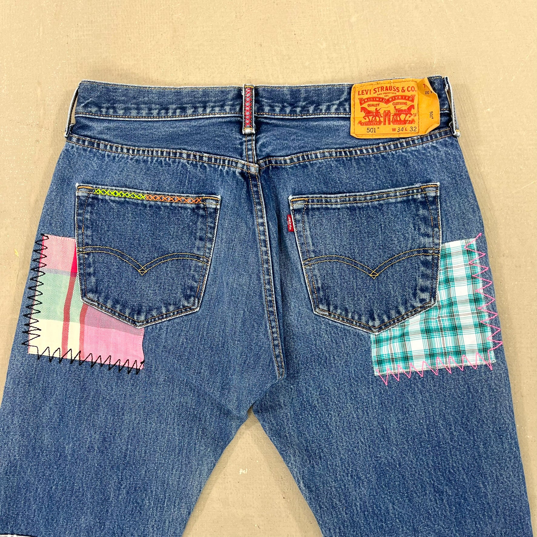 F- HOM Plaid Teal/White Back Pocket Levi's 501 Reworked Custom Jeans - Image 10