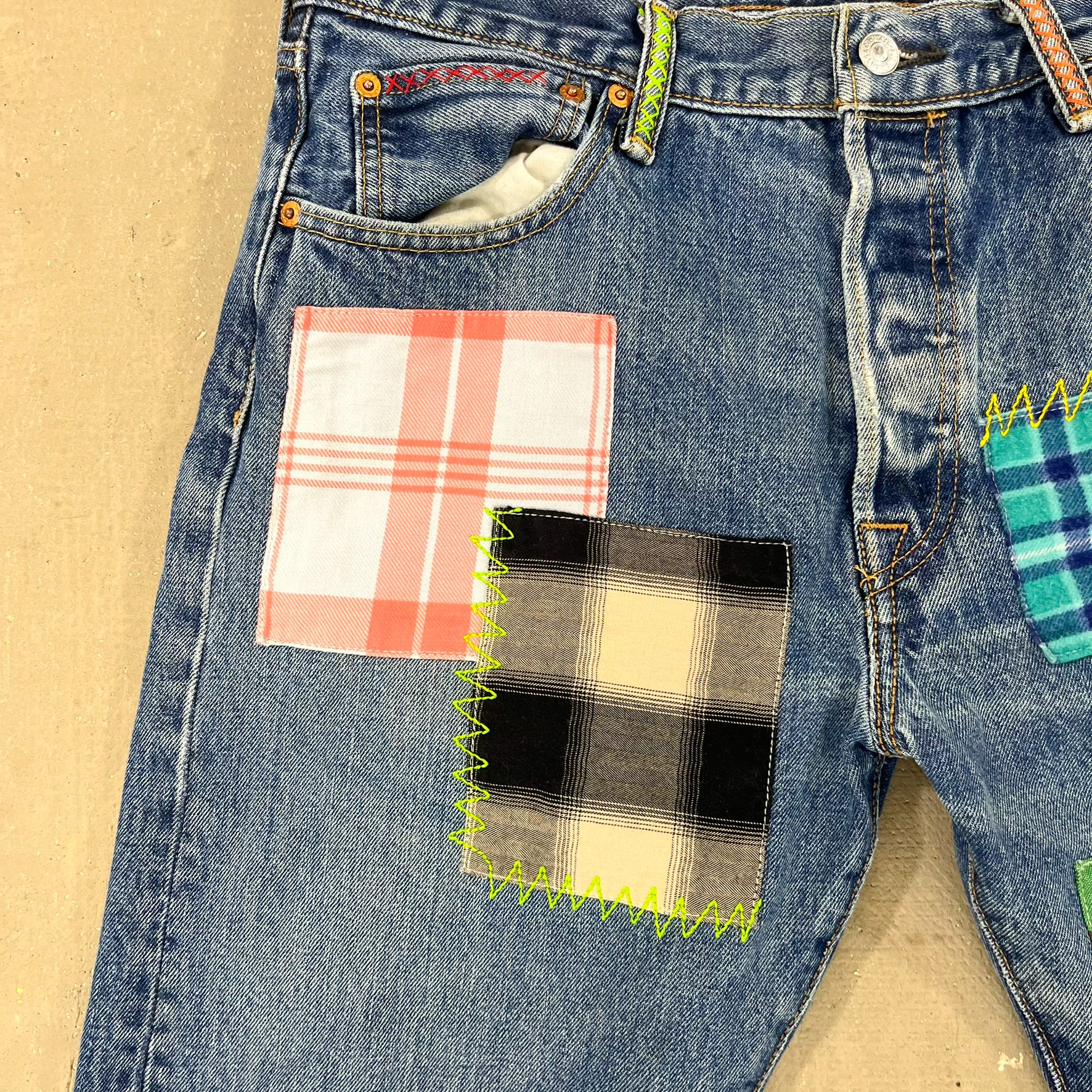 F- HOM Plaid Teal/White Back Pocket Levi's 501 Reworked Custom Jeans - Image 3