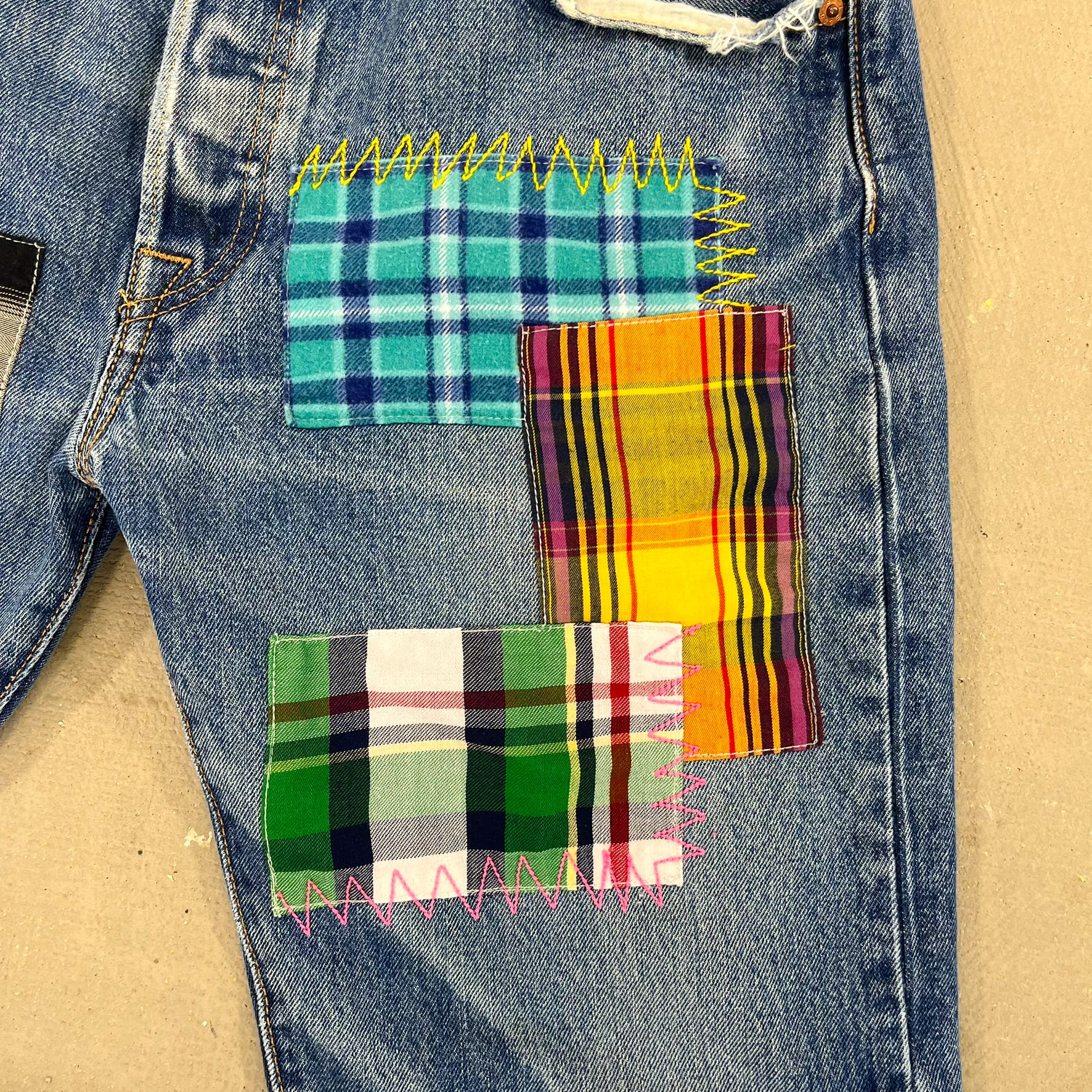 F- HOM Plaid Teal/White Back Pocket Levi's 501 Reworked Custom Jeans - Image 4