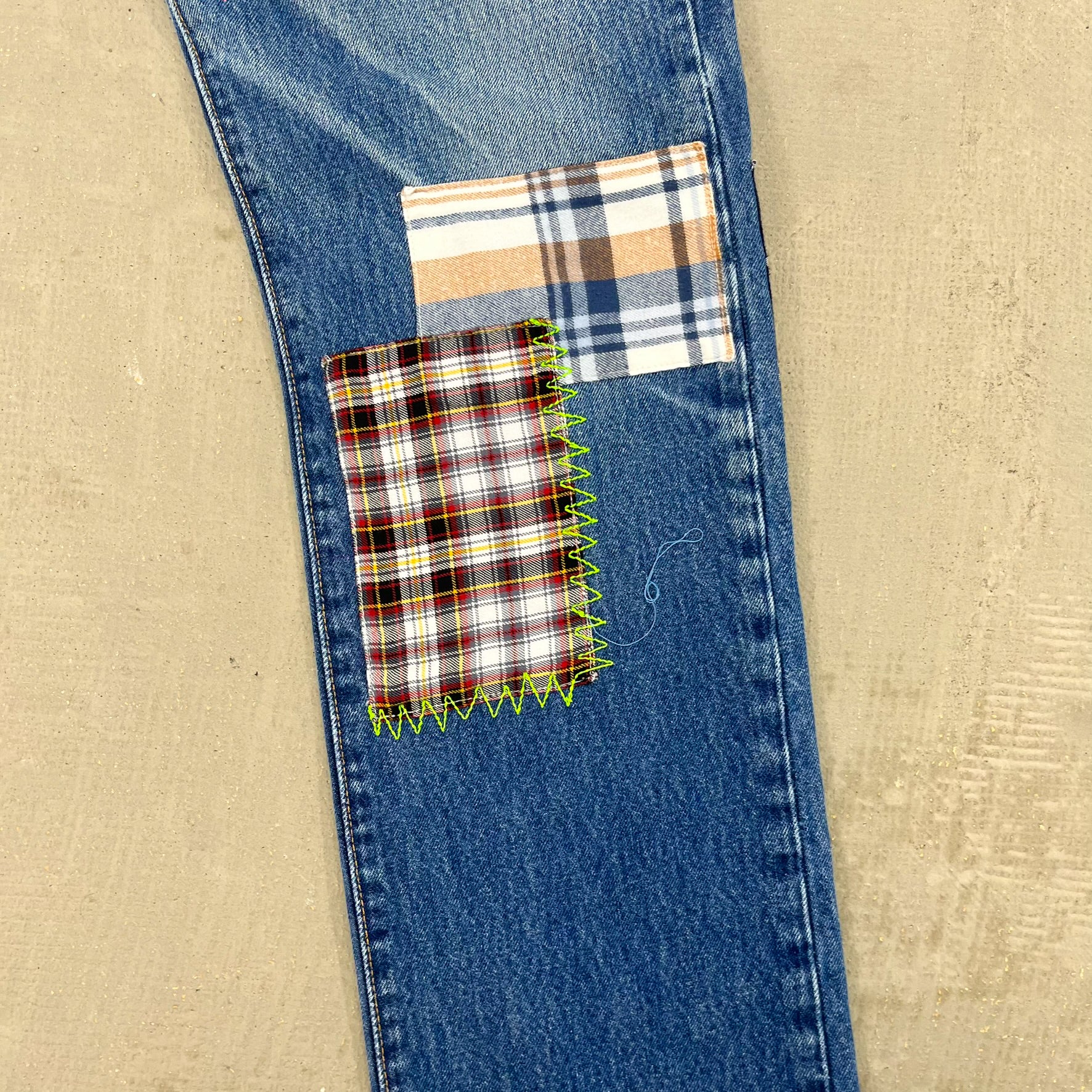 F- HOM Plaid Teal/White Back Pocket Levi's 501 Reworked Custom Jeans - Image 5