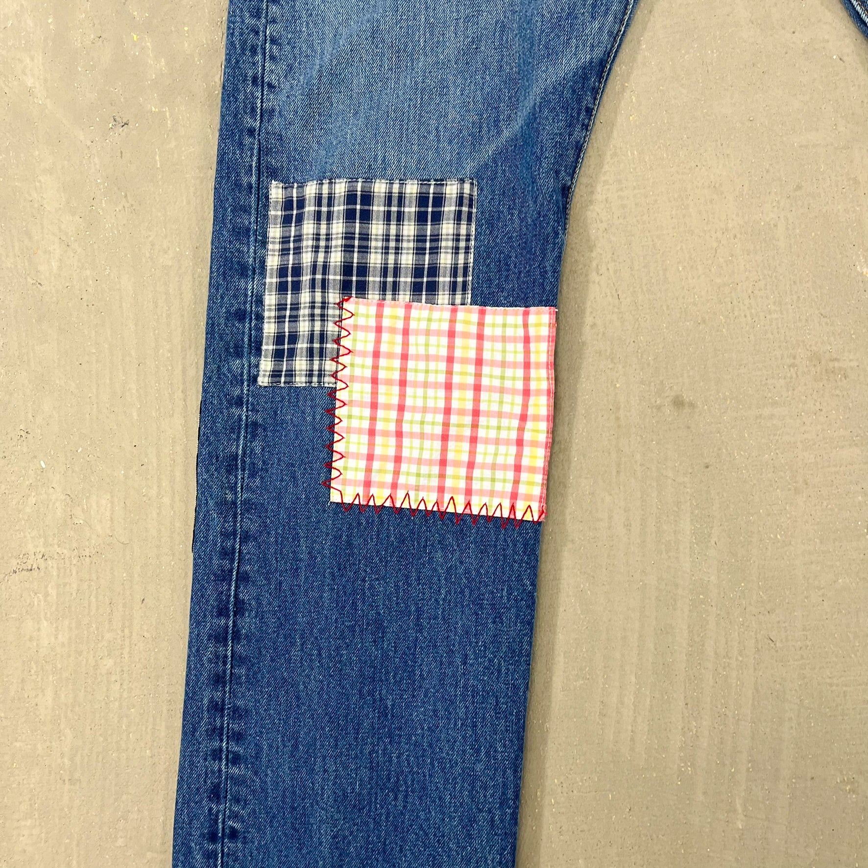 F- HOM Plaid Teal/White Back Pocket Levi's 501 Reworked Custom Jeans - Image 6