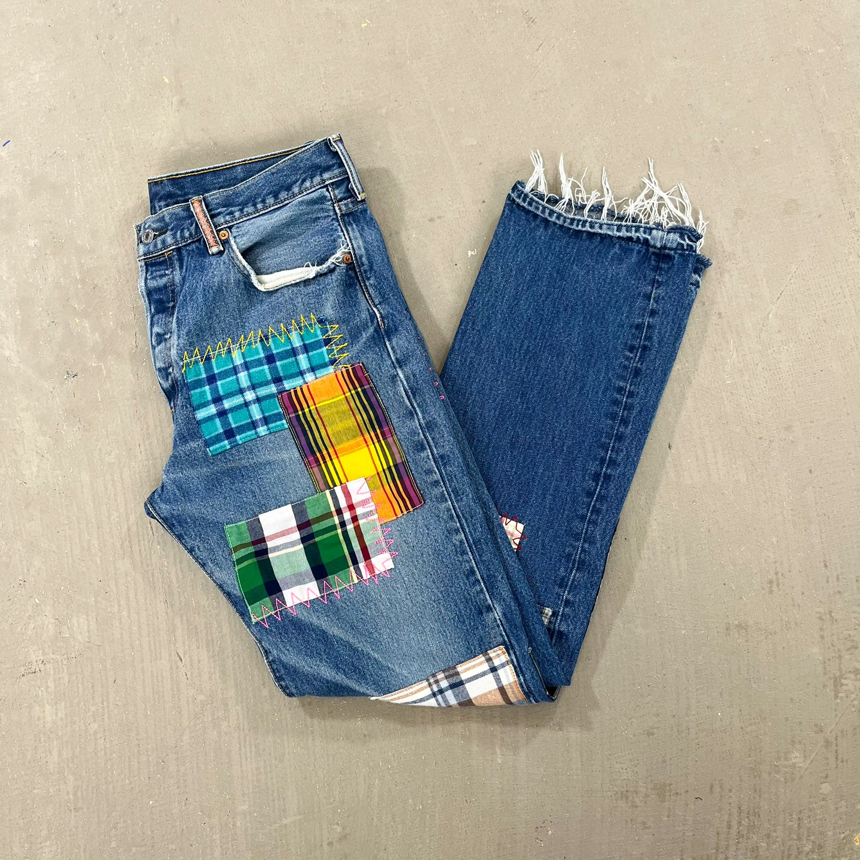 F- HOM Plaid Teal/White Back Pocket Levi's 501 Reworked Custom Jeans - Image 7