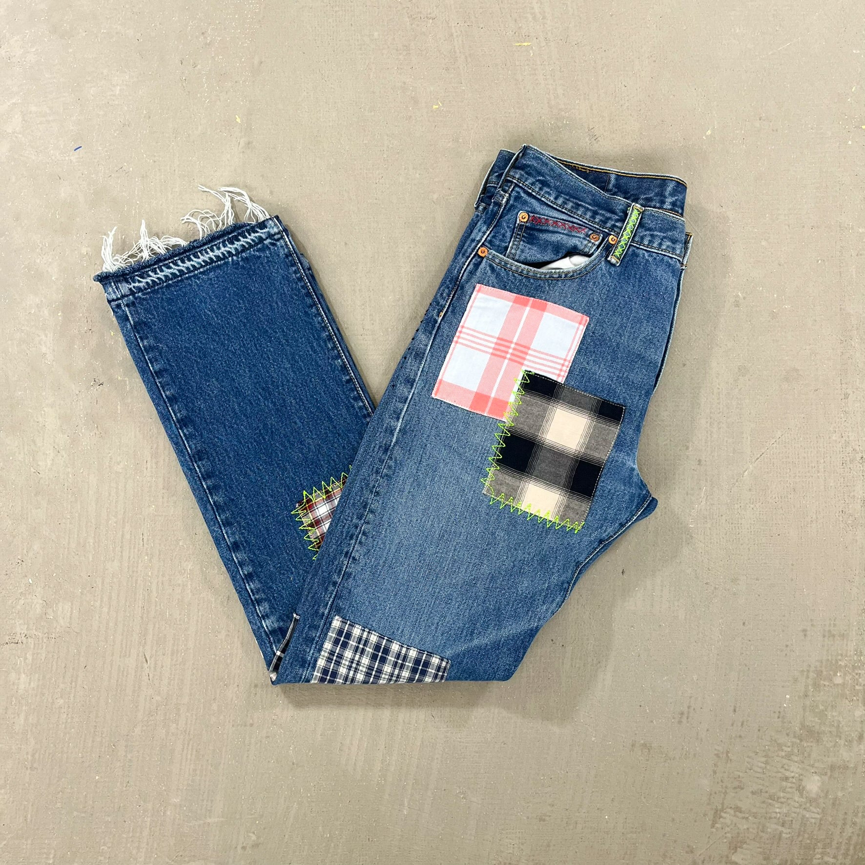 F- HOM Plaid Teal/White Back Pocket Levi's 501 Reworked Custom Jeans - Image 8