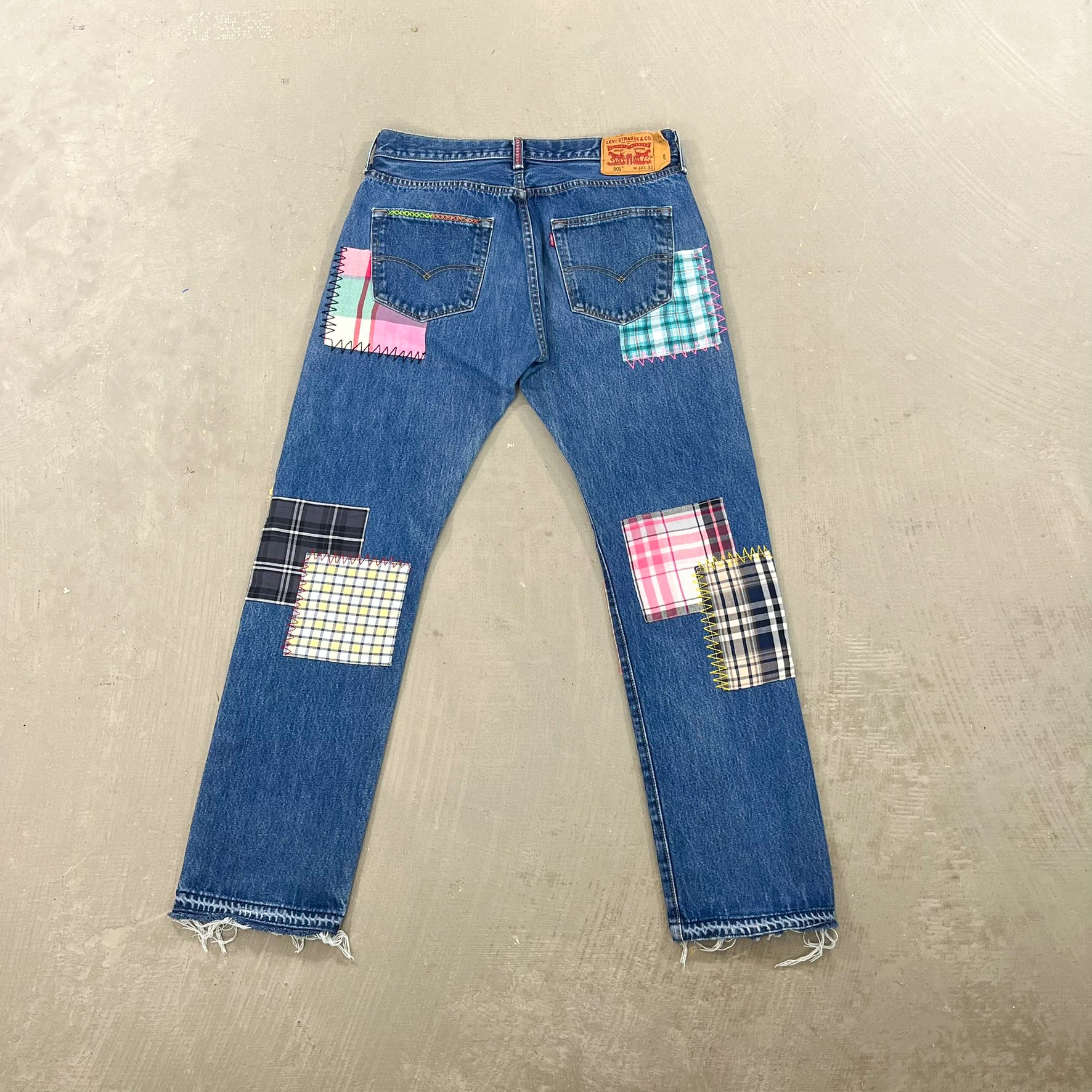 F- HOM Plaid Teal/White Back Pocket Levi's 501 Reworked Custom Jeans - Image 9