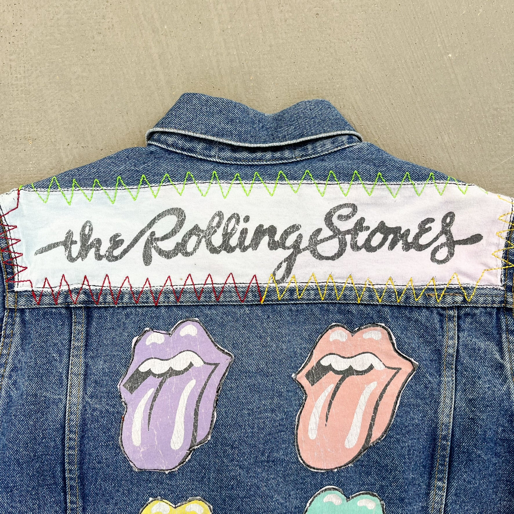 F- HOM Rolling Stones Text & Tongue Logo Reworked Custom Denim Jacket - Image 9